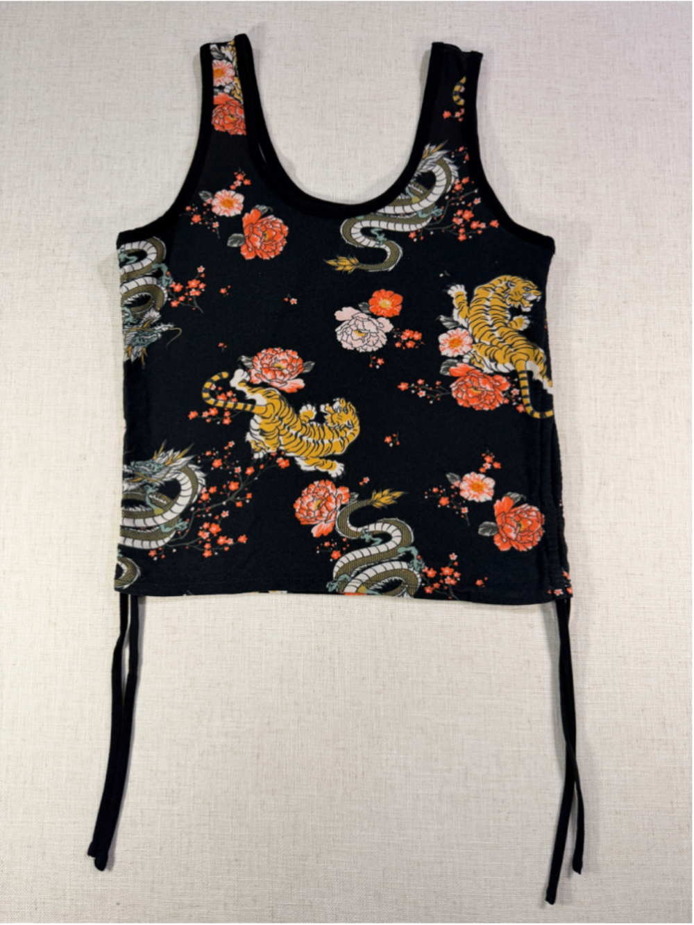 No Boundaries Dragon Tiger Floral Cinched Side Drawstring Tank Top Large 11-13